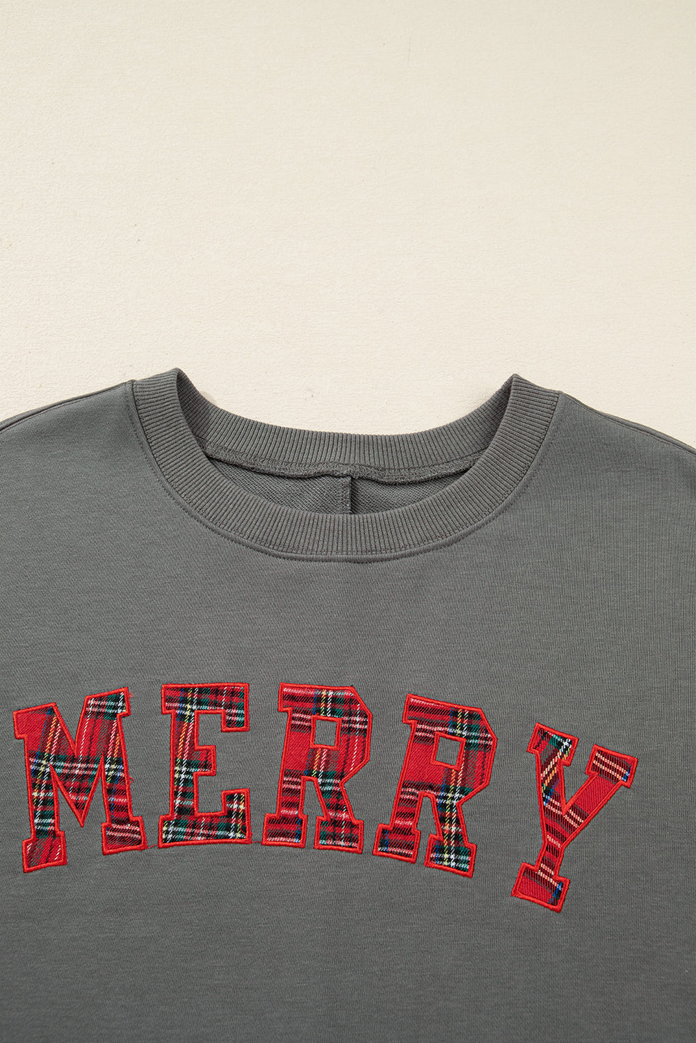 Medium Grey Plaid MERRY Bow Embroidered Plus Size Sweatshirt with Side Slits