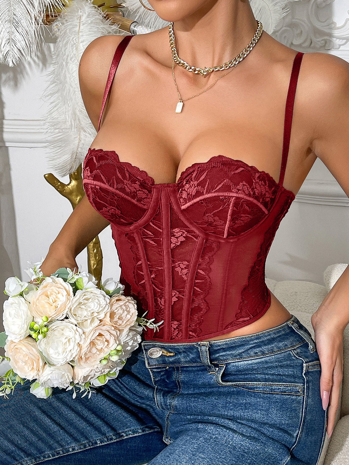 Women's Strappy Back Lace Corset Cami Top