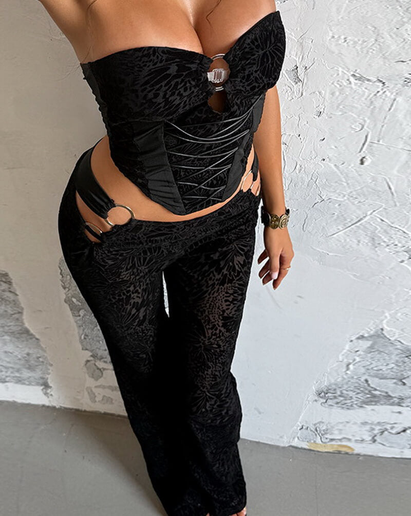 NURO Velvet Strapless Crop Top and Wide Leg Pants Set