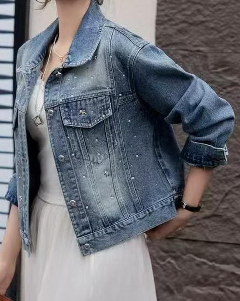 NURO Women's Cropped Denim Jacket with Sparkle Detail