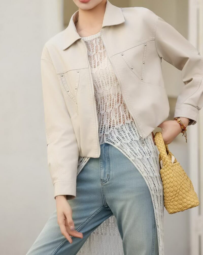 NURO Women's  Leather Jacket Casual Cropped Moto Biker Coat