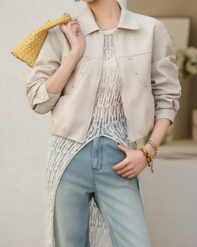 NURO Women's  Leather Jacket Casual Cropped Moto Biker Coat