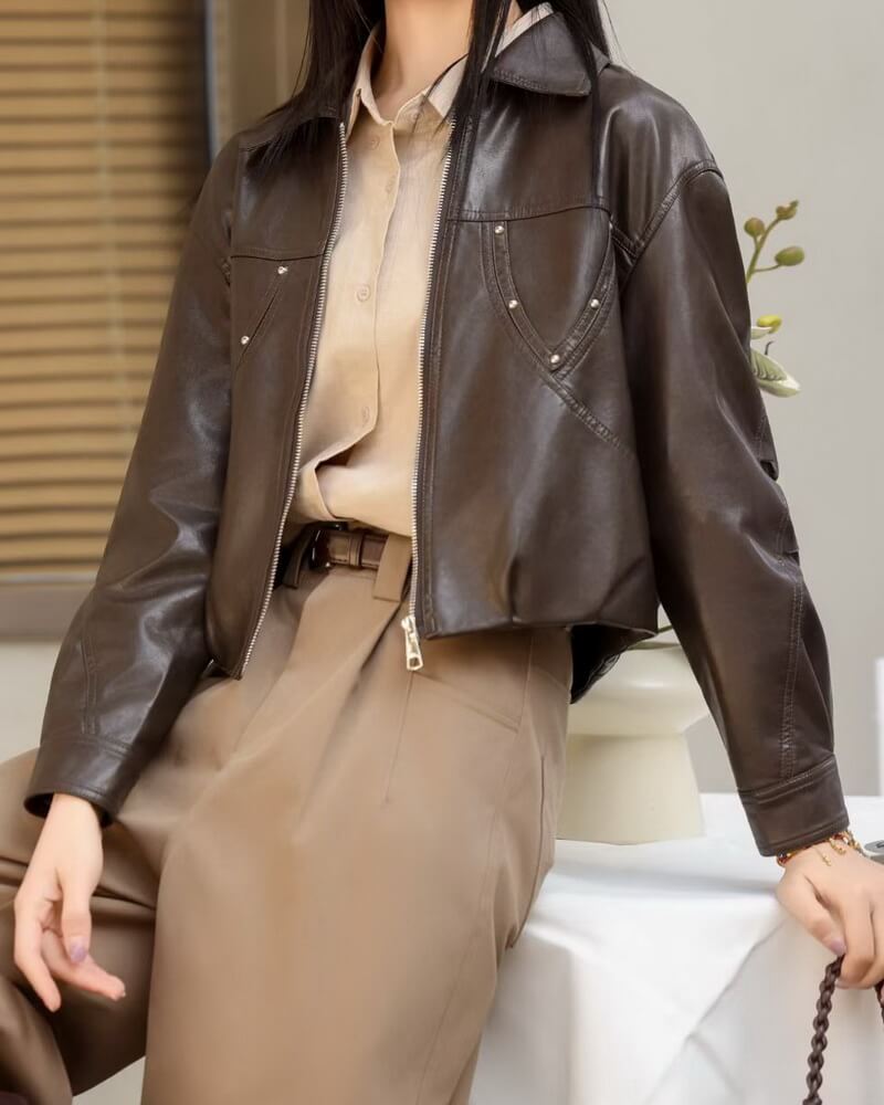 NURO Women's  Leather Jacket Casual Cropped Moto Biker Coat