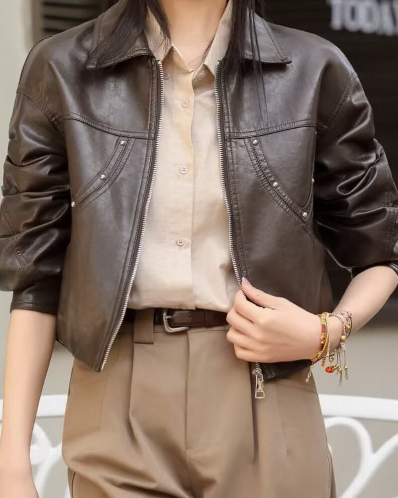 NURO Women's  Leather Jacket Casual Cropped Moto Biker Coat