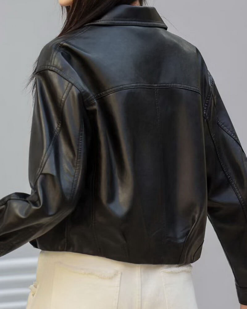 NURO Women's  Leather Jacket Casual Cropped Moto Biker Coat