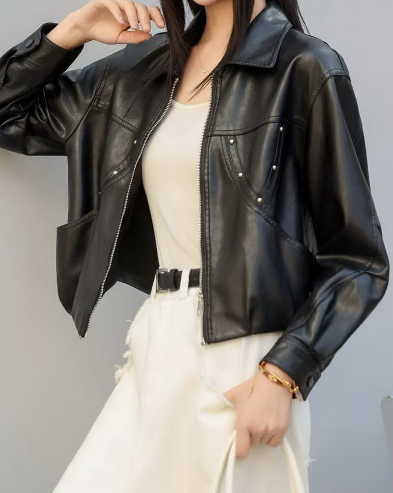 NURO Women's  Leather Jacket Casual Cropped Moto Biker Coat