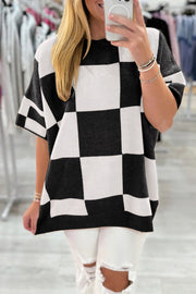 Black Checkered Pattern Loose Drop Shoulder Half Sleeve Sweater
