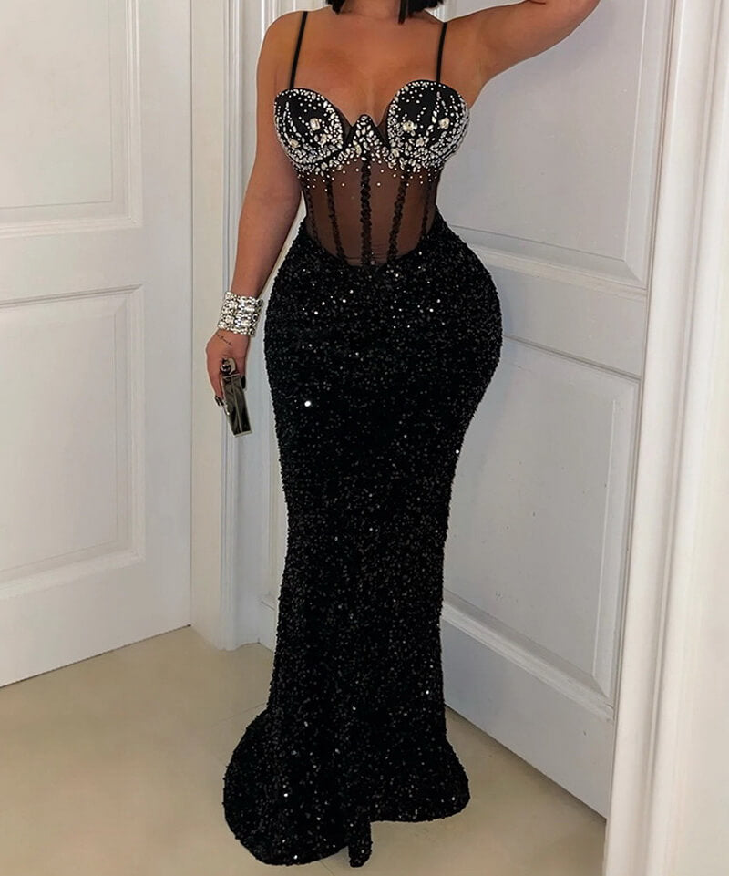 NURO Velvet Halter Neck Sequin Maxi Evening Gown