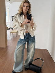 NURO Washed Straight Leg Jeans, Low Rise Wide Fit Denim Pants with Whisker Fading, Vintage Streetwear Casual Trousers