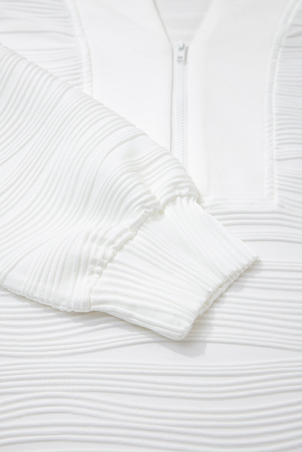 White Solid Color Textured Zip V Neck Pullover Sweatshirt