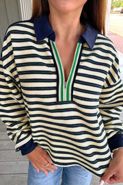 Navy Blue Striped Print Contrast Collar Zip V Neck Long Sleeve Top
