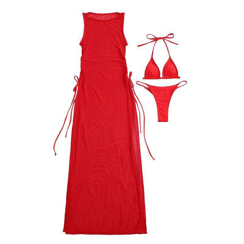 3-Piece Swimsuit Set – Bikini, Mesh Cover Up, and Sarong for Women