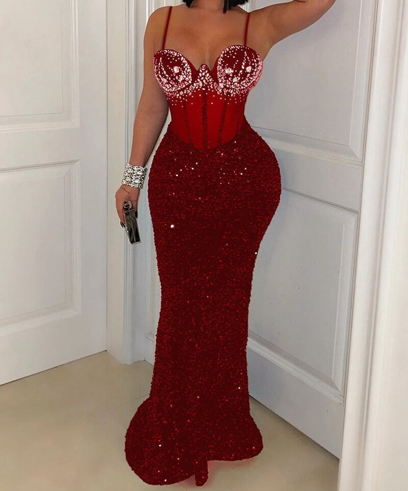 NURO Velvet Halter Neck Sequin Maxi Evening Gown