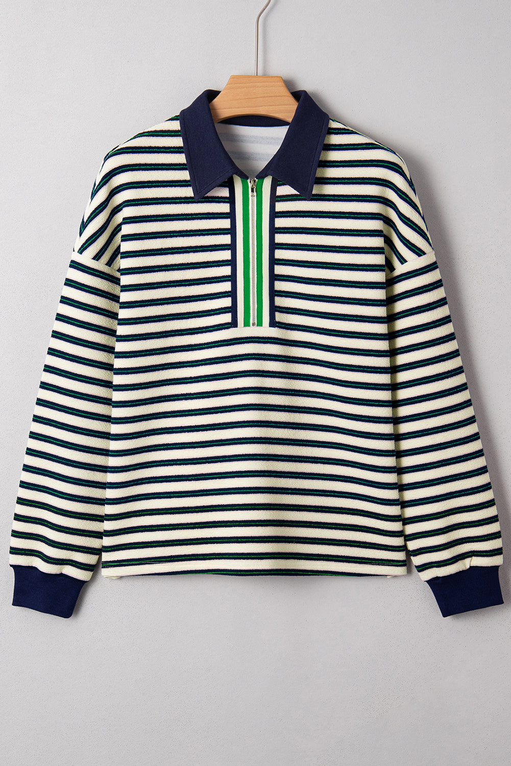 Navy Blue Striped Print Contrast Collar Zip V Neck Long Sleeve Top