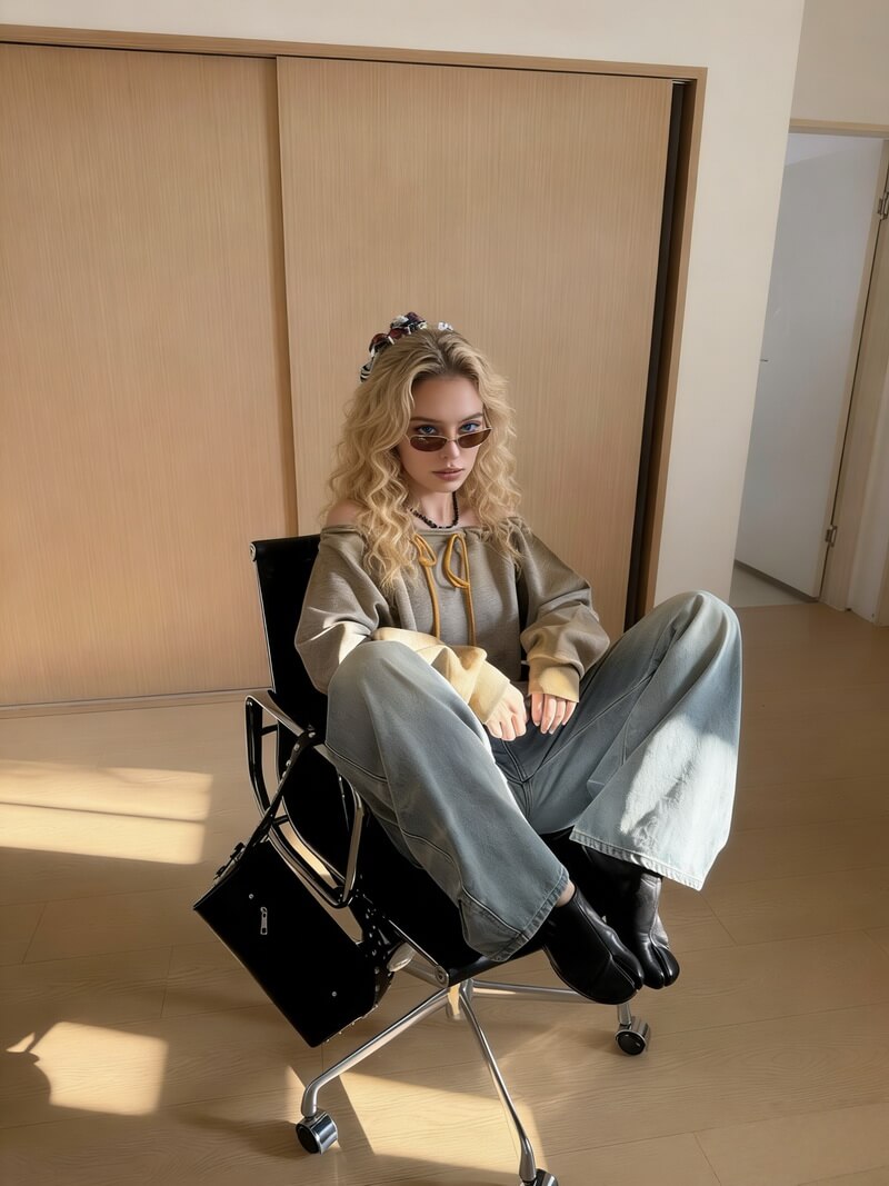 NURO Washed Straight Leg Jeans, Low Rise Wide Fit Denim Pants with Whisker Fading, Vintage Streetwear Casual Trousers