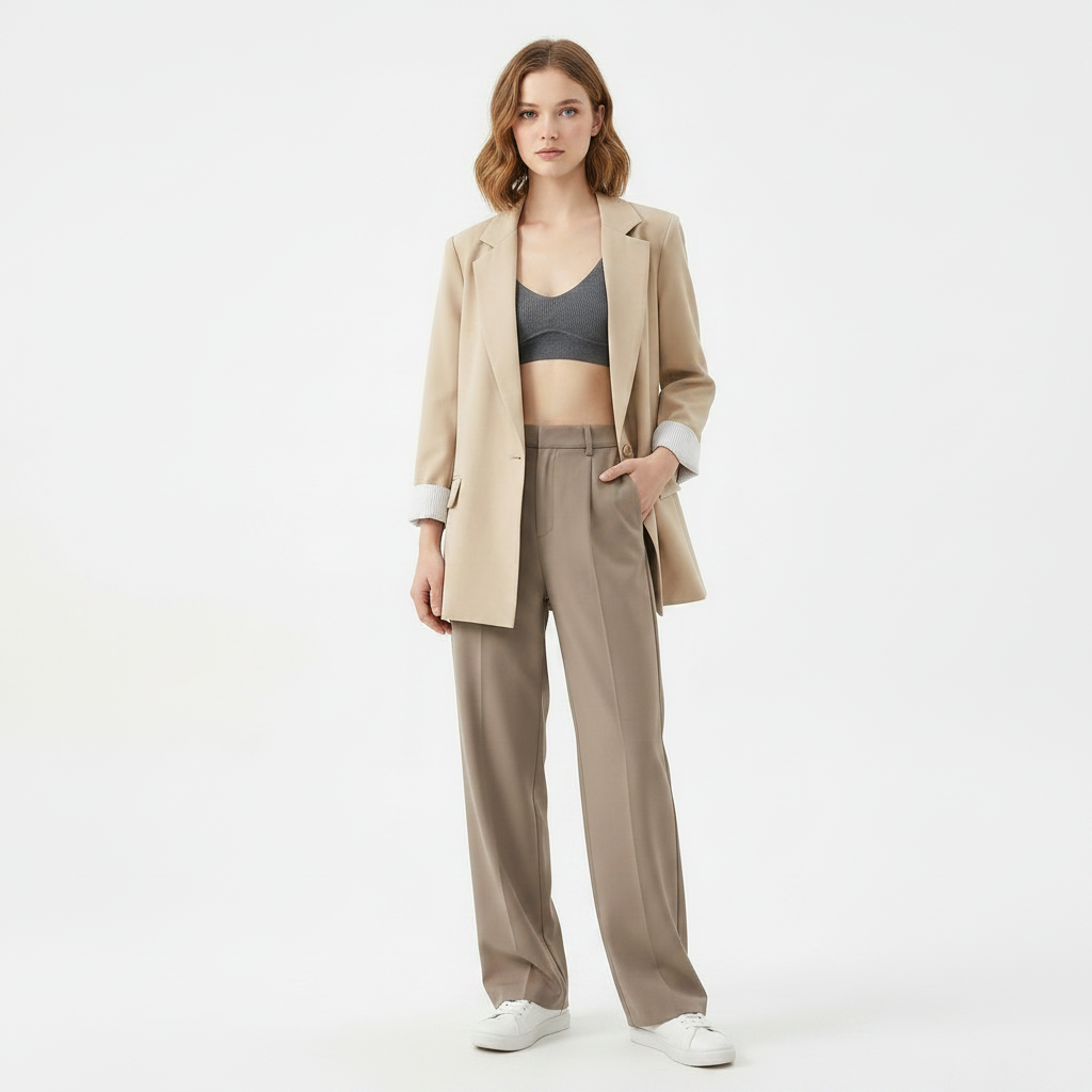 Women's Casual Blazer with Roll Tab and Color Contrast Cuffs