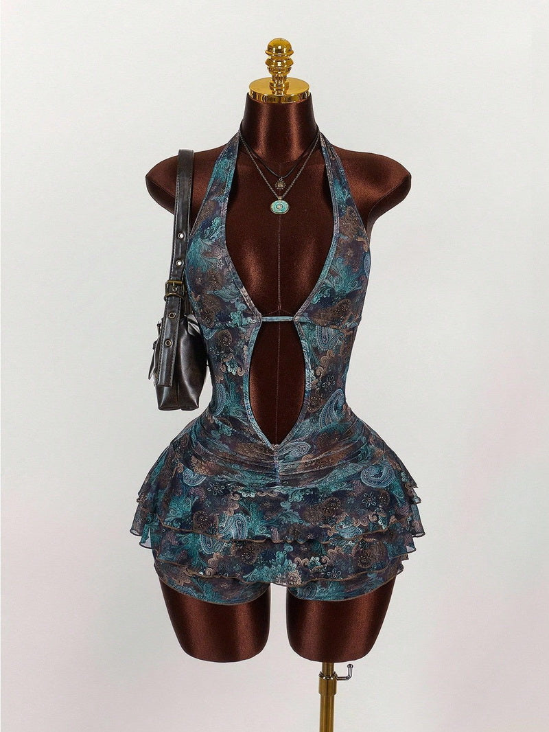 NURO Animal Print Tiered Mini Dress Low Neck Tie Front Party Dress