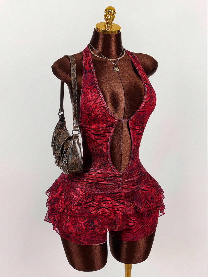 NURO Animal Print Tiered Mini Dress Low Neck Tie Front Party Dress