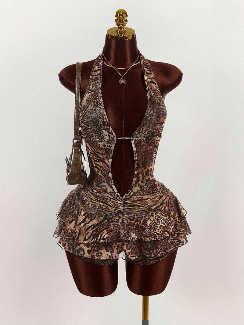 NURO Animal Print Tiered Mini Dress Low Neck Tie Front Party Dress