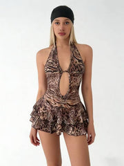 NURO Animal Print Tiered Mini Dress Low Neck Tie Front Party Dress