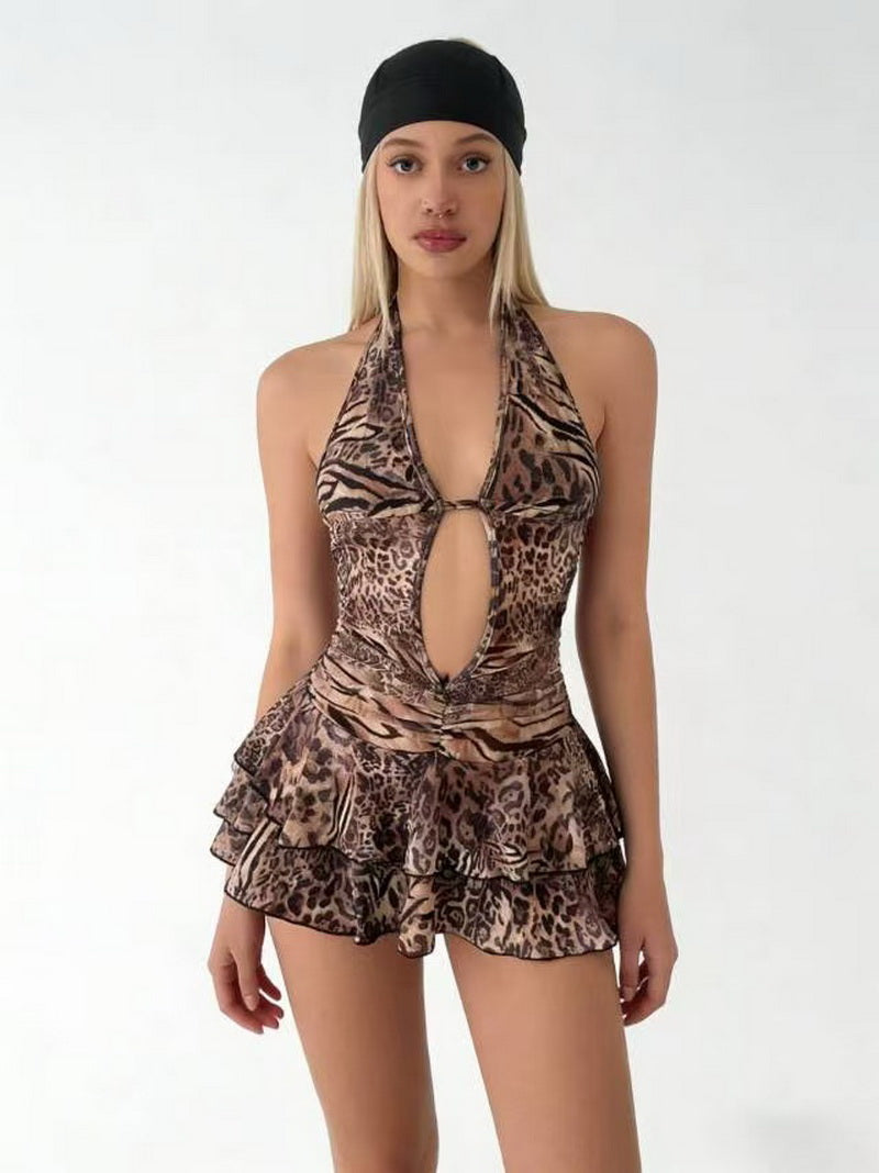 NURO Animal Print Tiered Mini Dress Low Neck Tie Front Party Dress