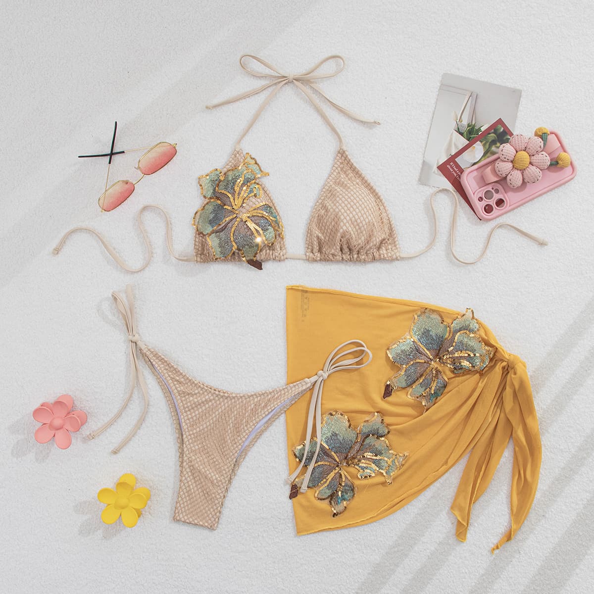 NURO Applique Sexy Bikini Three Piece Set