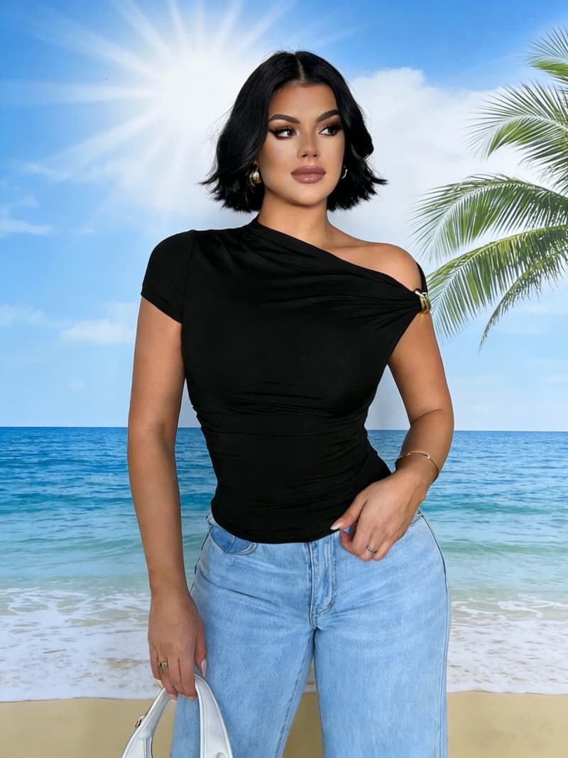 NURO Asymmetrical Neck Short Sleeve Top Ruched Knit Blouse