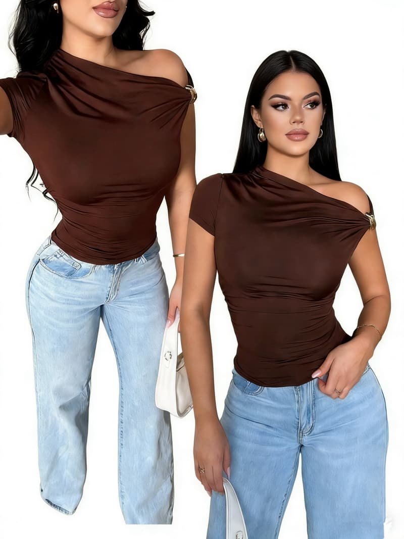 NURO Asymmetrical Neck Short Sleeve Top Ruched Knit Blouse