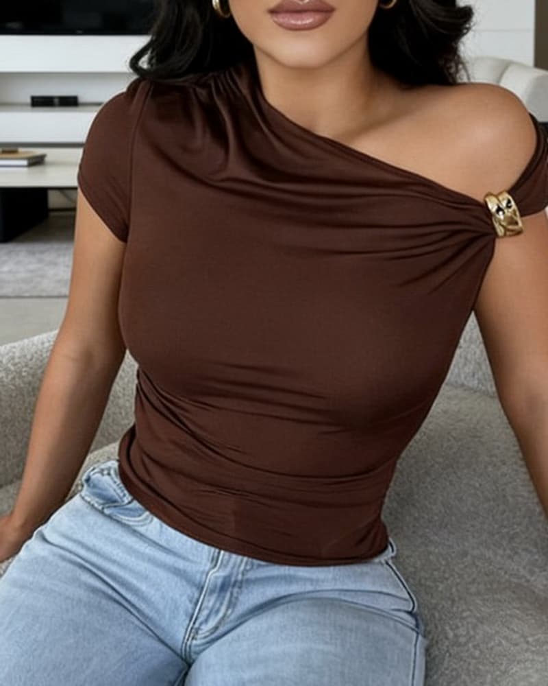 NURO Asymmetrical Neck Short Sleeve Top Ruched Knit Blouse