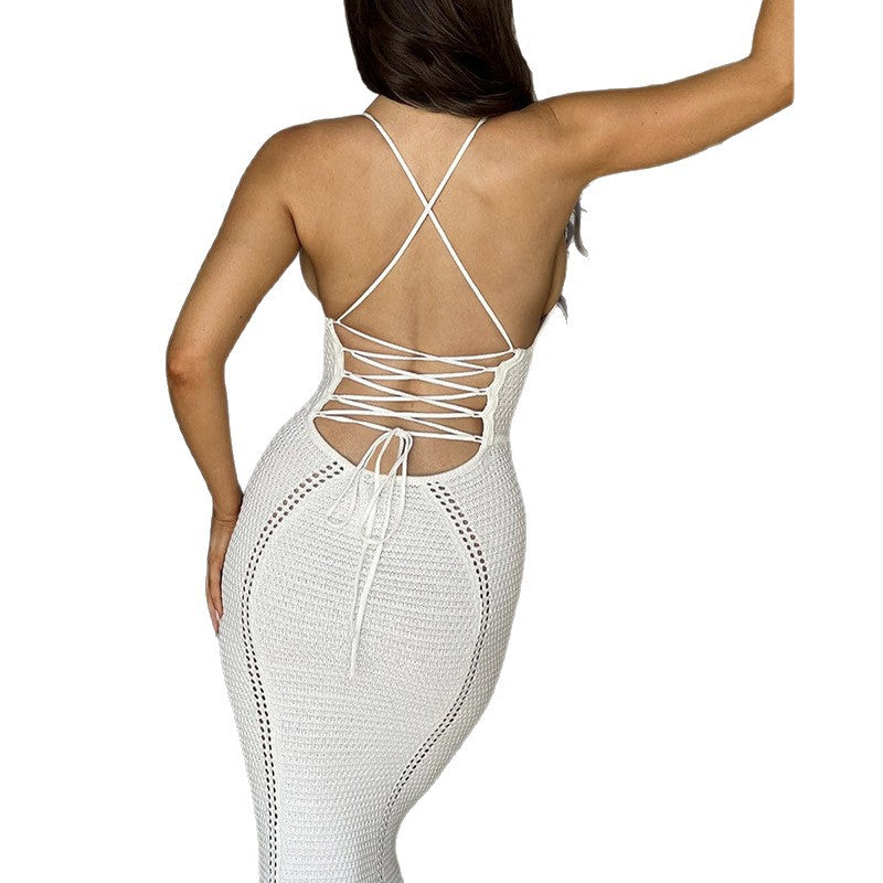 NURO Backless hollow strap knitted suspender long skirt