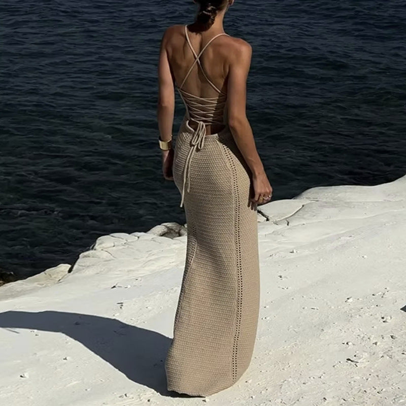 NURO Backless hollow strap knitted suspender long skirt