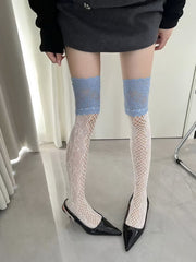 NURO Blue Lace Contrast Fishnet Over-the-Knee Socks for Women