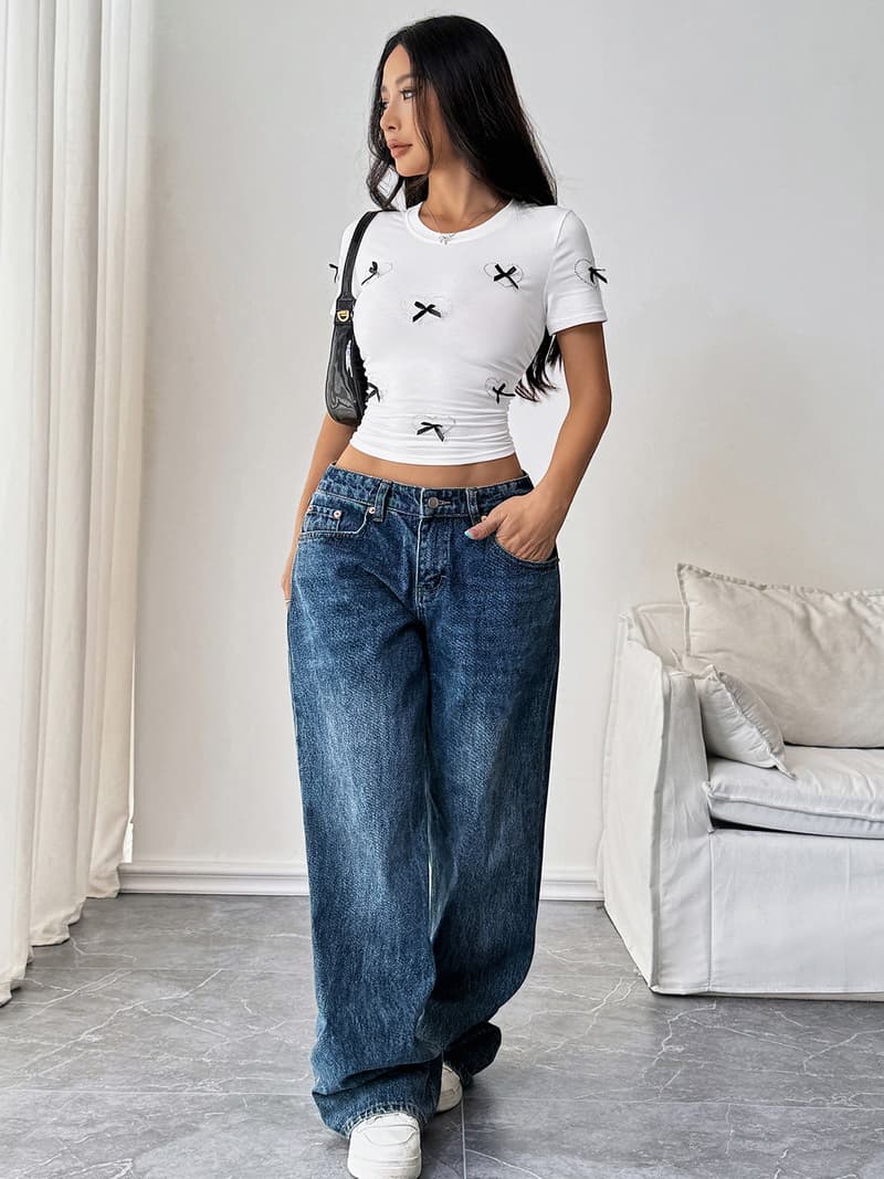 NURO Bow Detail Knit Crop Top Short Sleeve T-Shirt