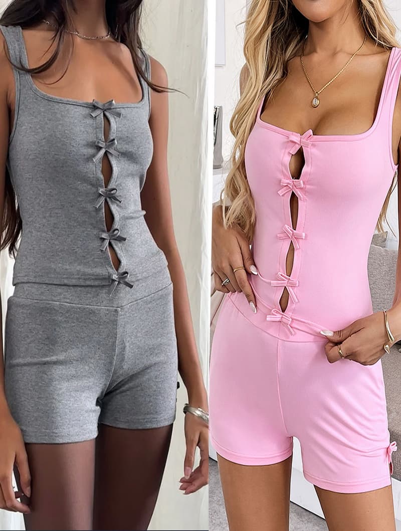NURO Bow Detail Tank Top and Shorts Set Casual Two Piece Outfit