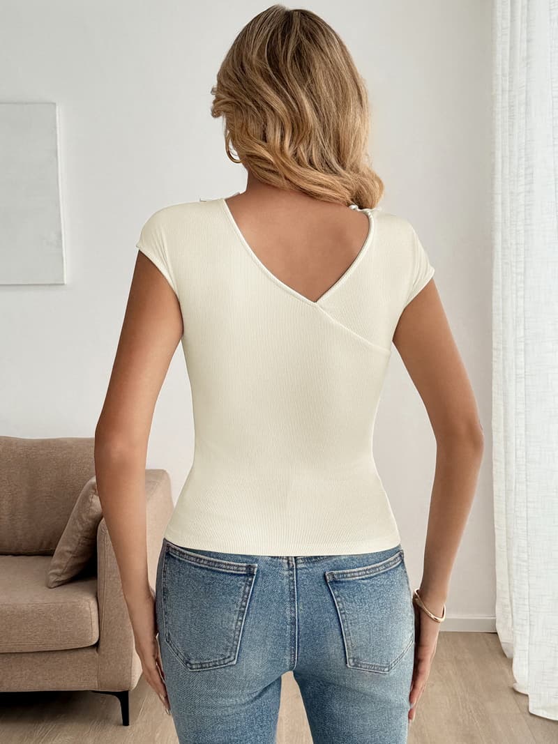 NURO Bow Detail V-Neck Short Sleeve Top Casual Knit Tee