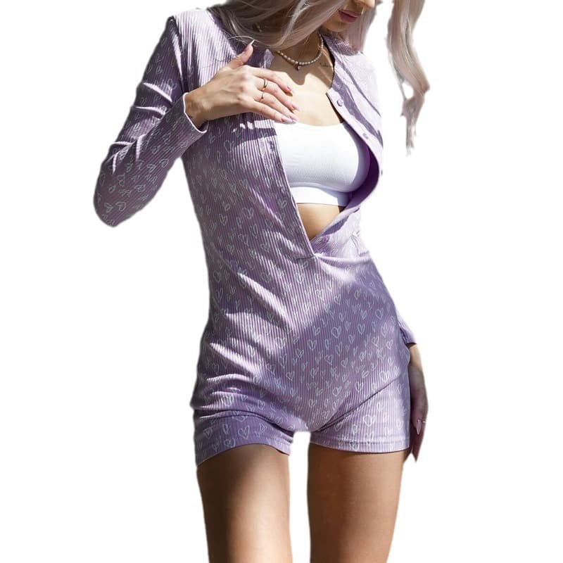 NURO Button Front Long Sleeve Jumpsuit High Waist Bodysuit