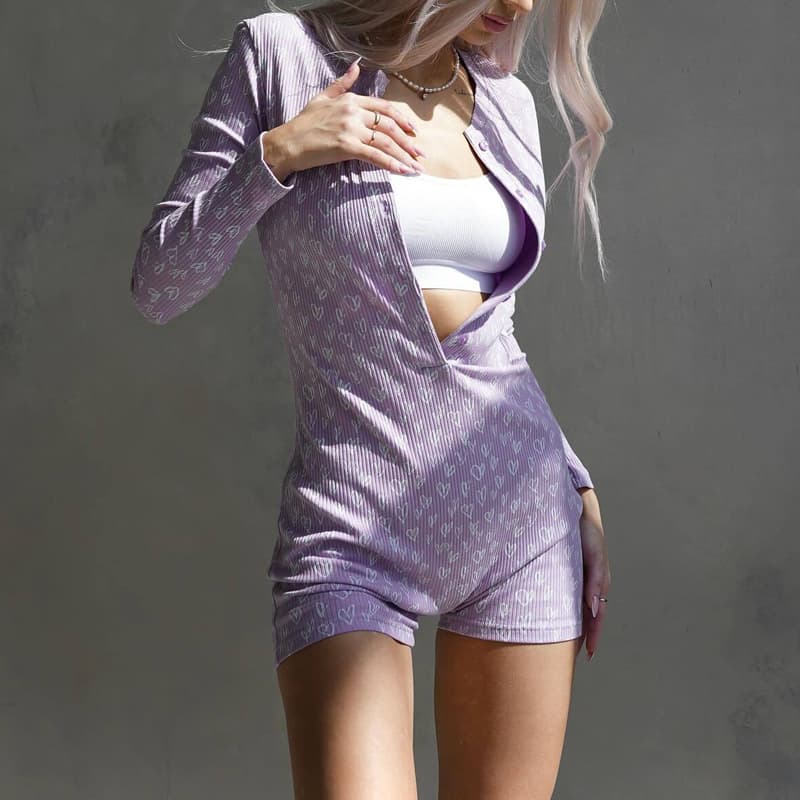 NURO Button Front Long Sleeve Jumpsuit High Waist Bodysuit