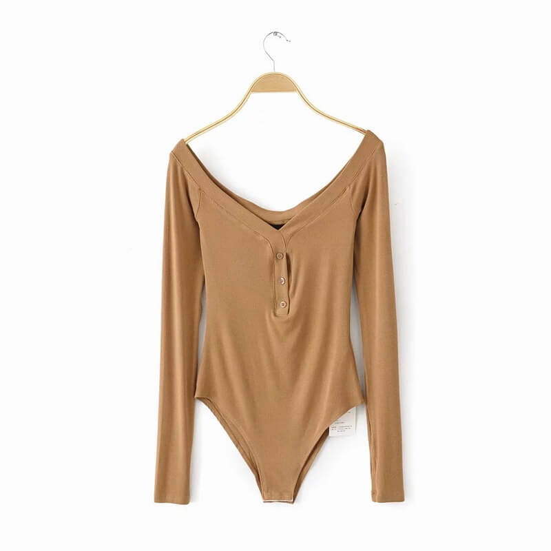 NURO Button Front V-Neck Long Sleeve Bodysuit for Women