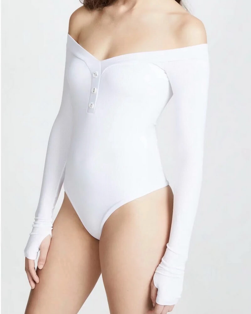 NURO Button Front V-Neck Long Sleeve Bodysuit for Women