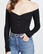 NURO Button Front V-Neck Long Sleeve Bodysuit for Women