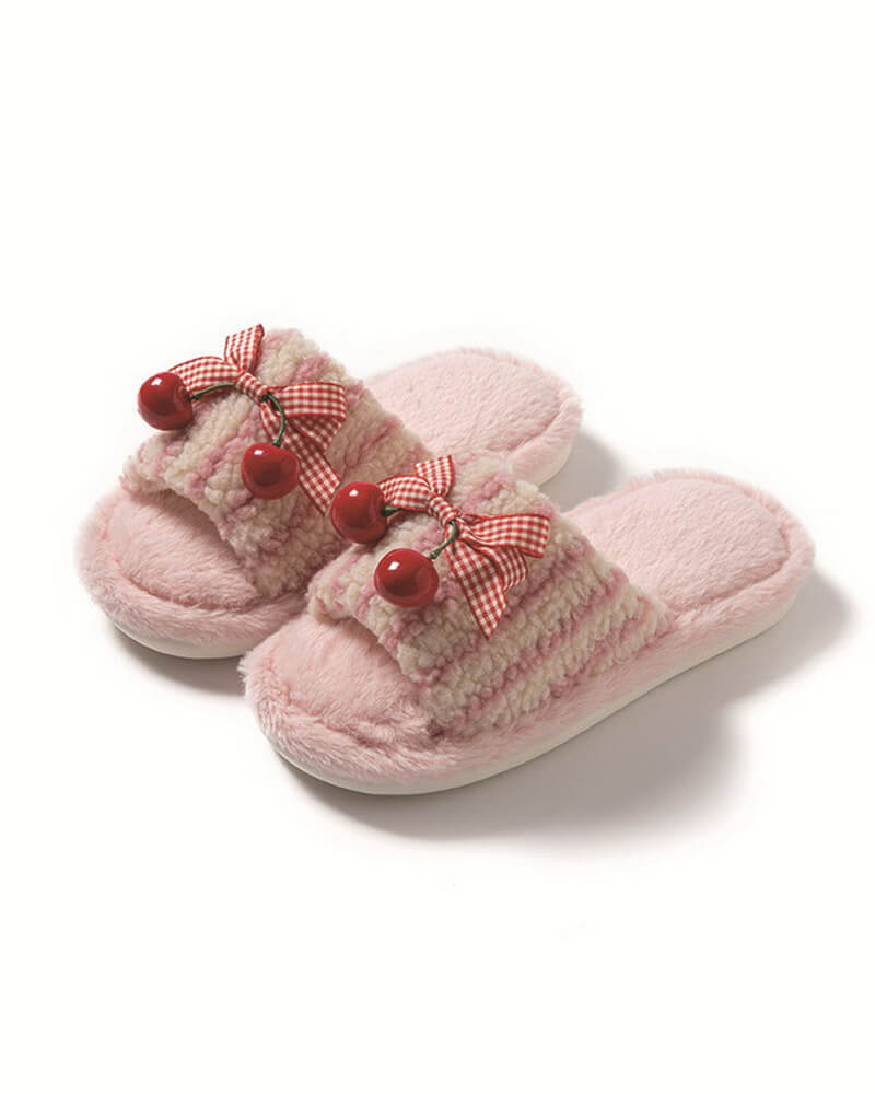 NURO Cherry Print Plush Slide Slippers for Women