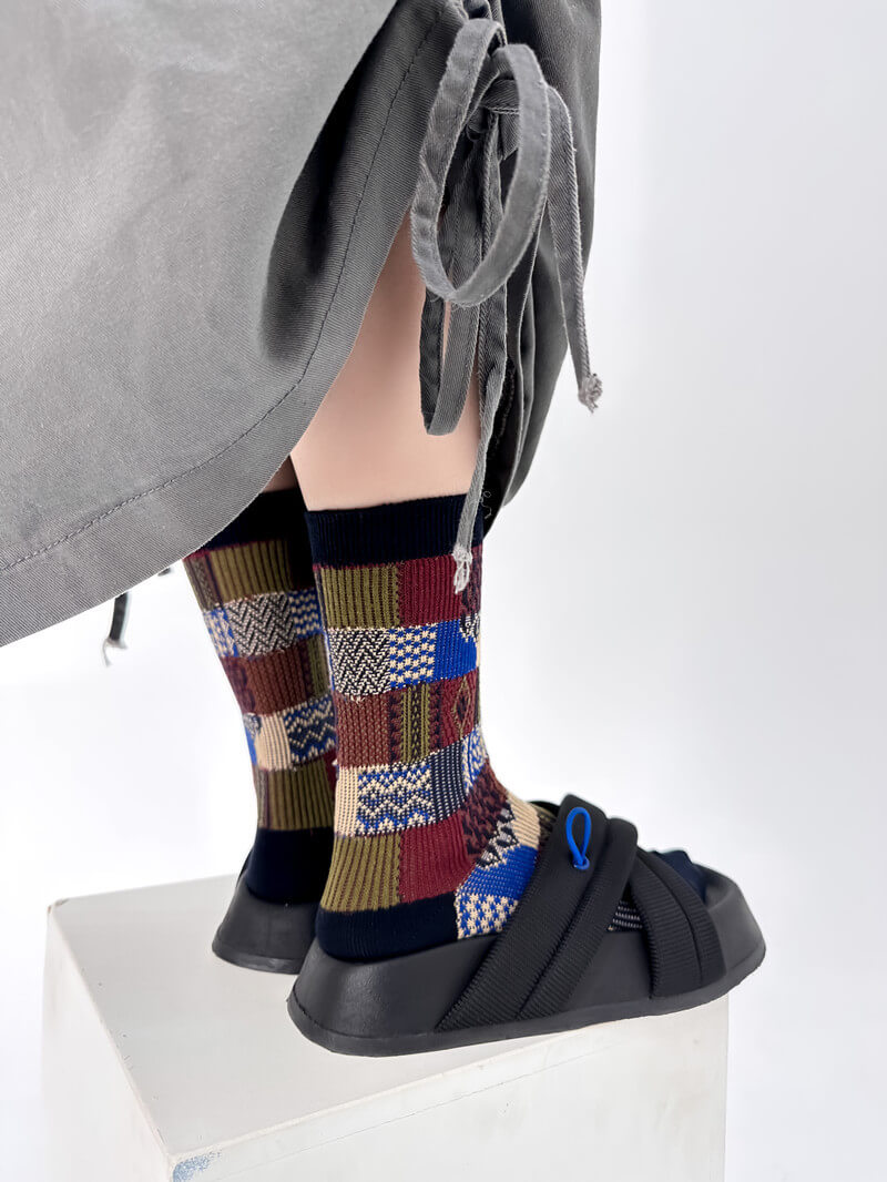 NURO Color-Block Checkered Crew Socks for Women and Men