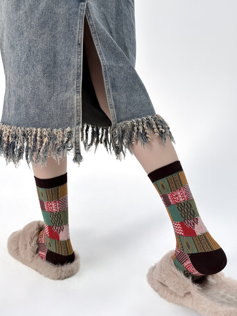 NURO Color-Block Checkered Crew Socks for Women and Men