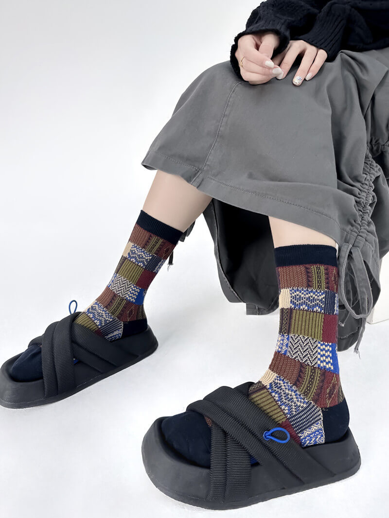 NURO Color-Block Checkered Crew Socks for Women and Men