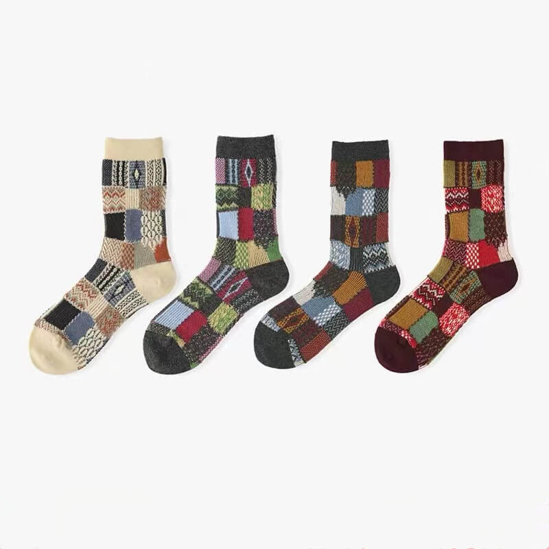 NURO Color-Block Checkered Crew Socks for Women and Men