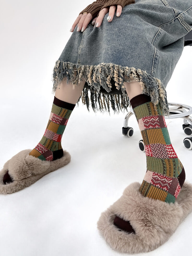 NURO Color-Block Checkered Crew Socks for Women and Men