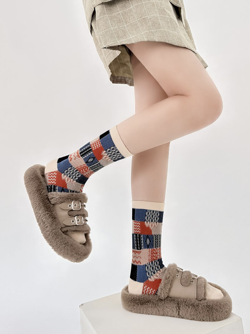 NURO Color-Block Checkered Crew Socks for Women and Men