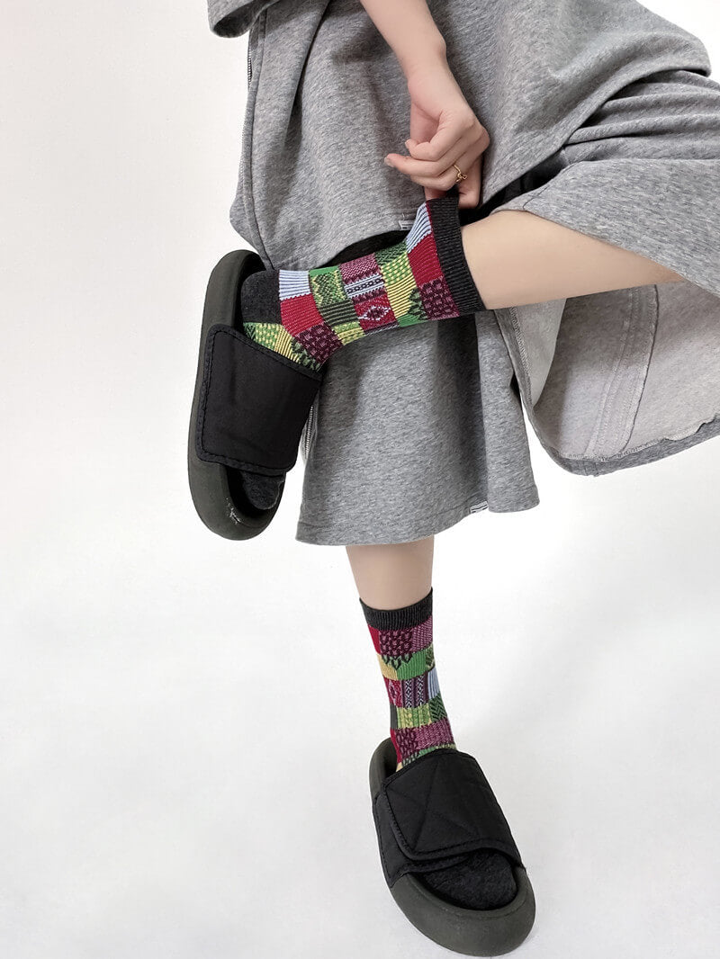 NURO Color-Block Checkered Crew Socks for Women and Men