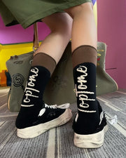 NURO Color-Block Heel Letter Crew Socks for Women and Men