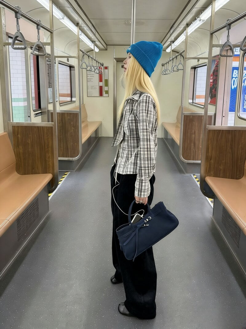 NURO Color Block Plaid Shirt, Belted Wrap Blouse with Bow Detail, Slim Fit Long Sleeve Streetwear Top